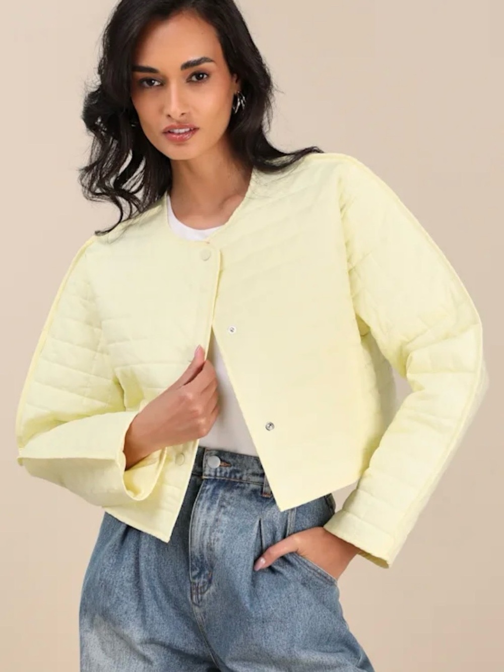 Lulu's Pale Yellow Quilted Cropped Puffer Jacket